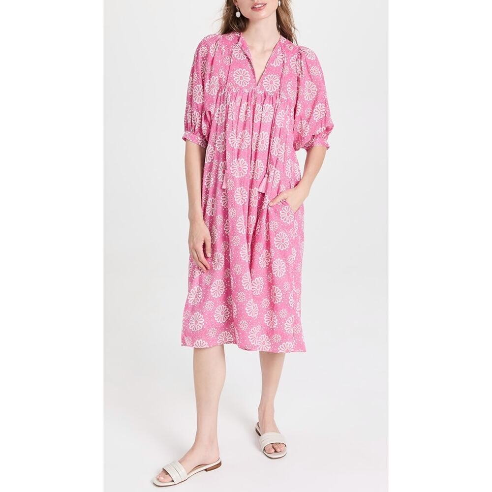 MILLE Resort Saffron Pink Daisy Print Cotton Puff Sleeve Midi Dress Tuckernuck - Picture 3 of 12